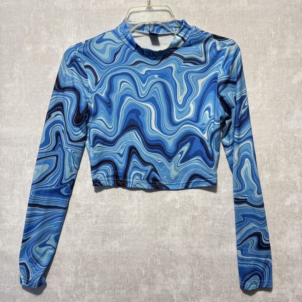 Shein Shirt Womens Small Blue Swirl Print Long Sleeve Mock Neck‎ Crop Top